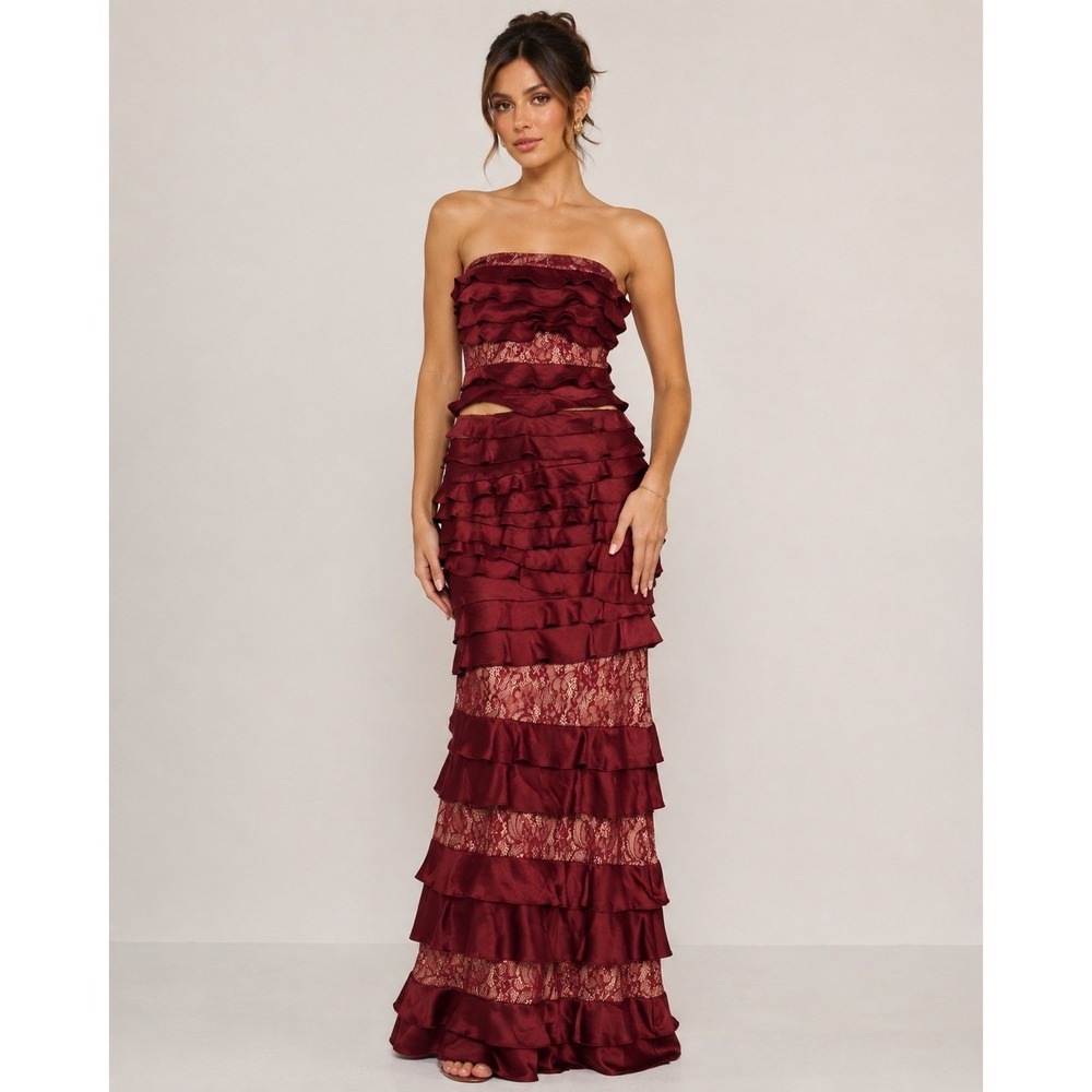 Adrianna Papell Strapless Ruffle Lace Tiered Gown Black Cherry AP1E201734